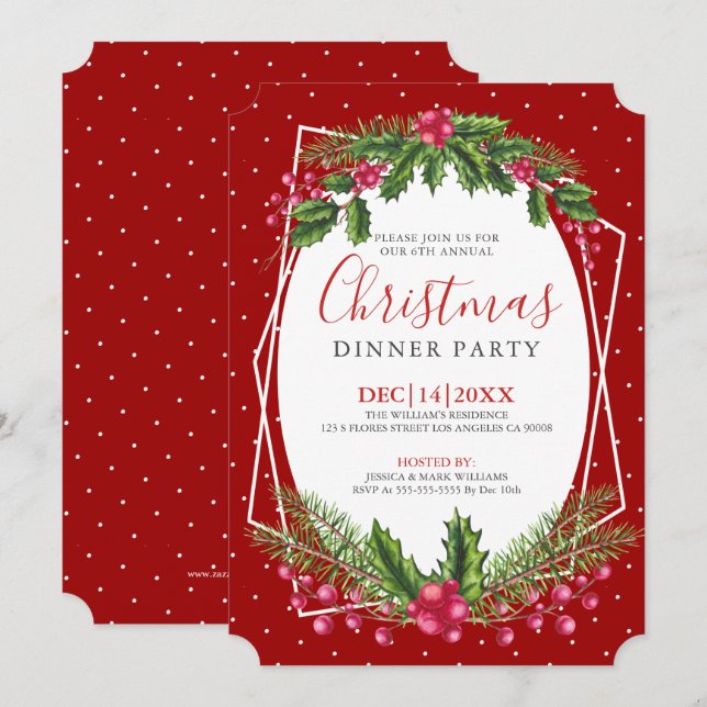 Christmas holly bouquet dinner invite (Front/Back)
