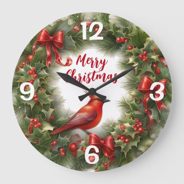 Christmas Holly, Bows and Cardinal  Large Clock (Front)