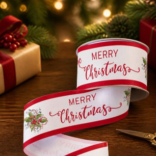 Christmas Holly Branch 3" Wide Ribbon