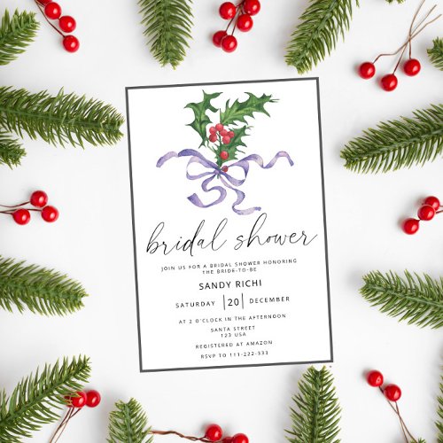 Christmas holly branch Bridal shower Invitation
