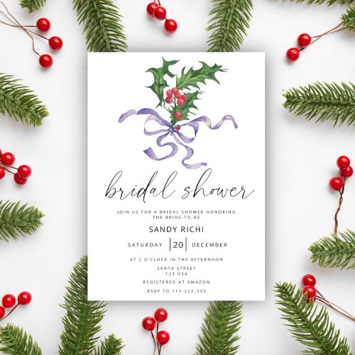 Christmas holly branch Bridal shower Invitation