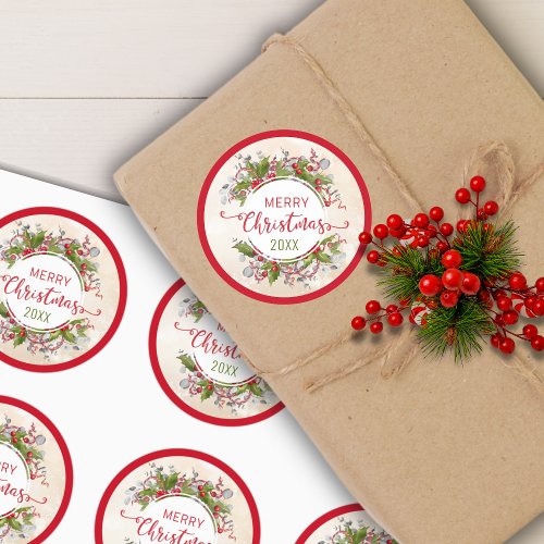 Christmas Holly Branch Classic Round Sticker