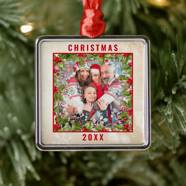 Christmas Holly Branch Photo Pewter Ornament (Tree)