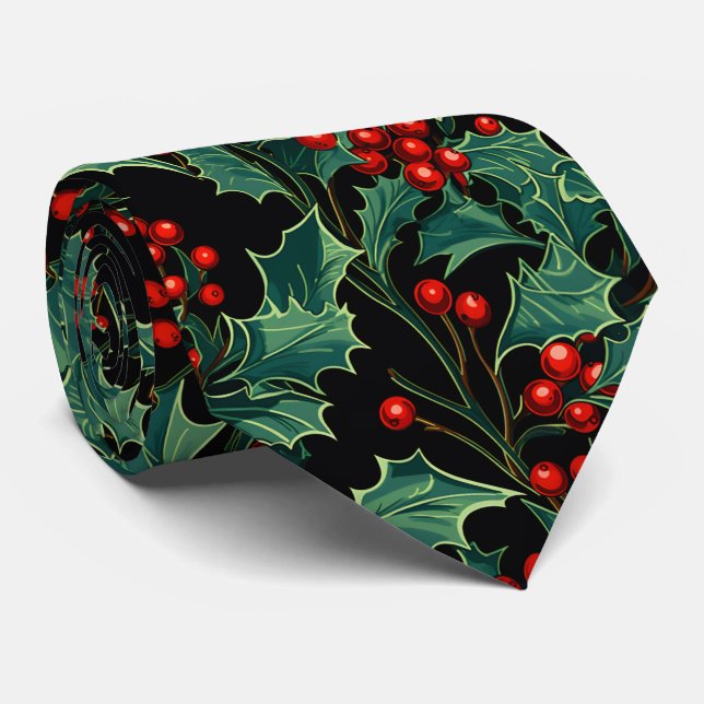 Christmas Holly Branches and Berries Neck Tie (Rolled)