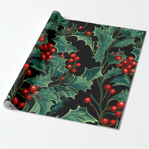 Christmas Holly Branches and Berries Wrapping Paper