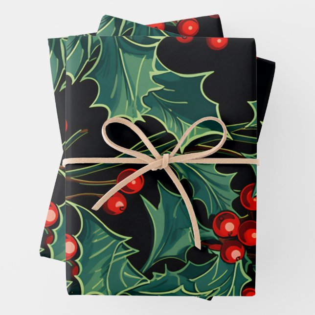 Christmas Holly Branches and Berries Wrapping Paper Sheets (In situ)