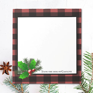 Christmas Holly Buffalo Plaid Personalized Notepad