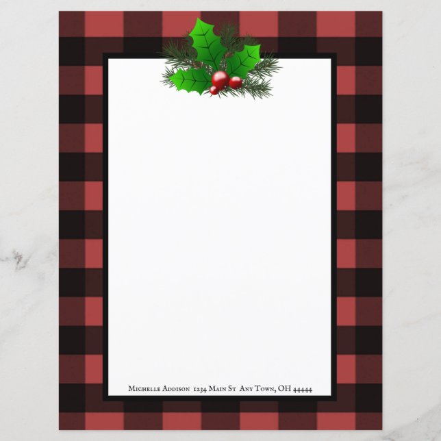 Christmas Holly Buffalo Plaid Personalized Paper (Front)