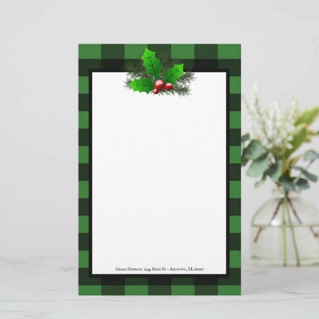 Christmas Holly Buffalo Plaid Personalized Paper (Standing Front)