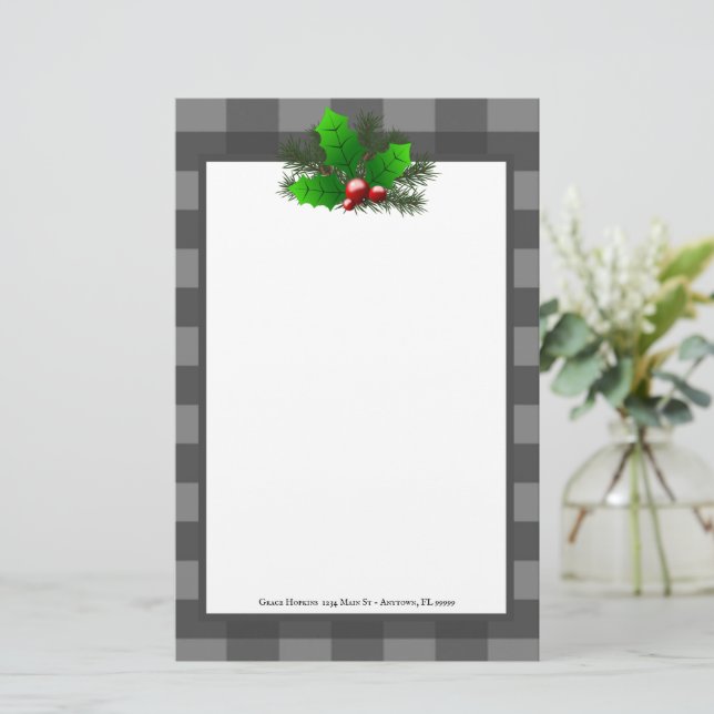 Christmas Holly Buffalo Plaid Personalized Paper (Standing Front)