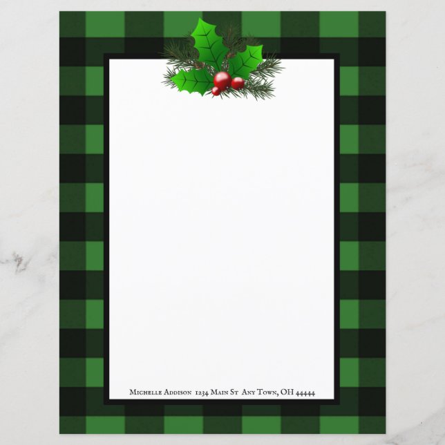 Christmas Holly Buffalo Plaid Personalized Paper (Front)