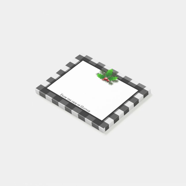 Christmas Holly Buffalo Plaid Personalized Post-it Notes (Angled)