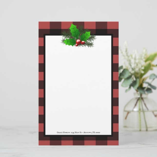 Christmas Holly Buffalo Plaid Personalized Stationery (Standing Front)