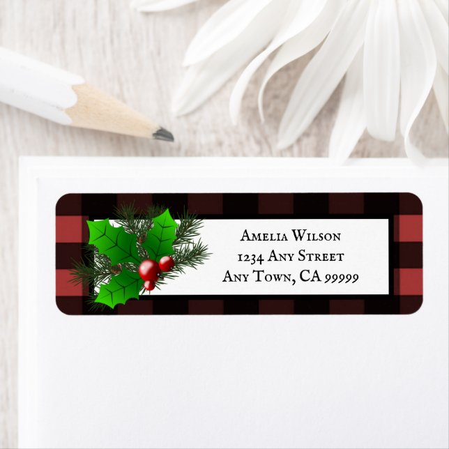 Christmas Holly Buffalo Plaid Return Address Label (Insitu)