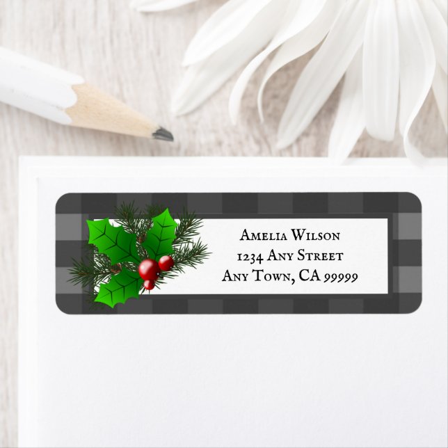 Christmas Holly Buffalo Plaid Return Address Label (Insitu)