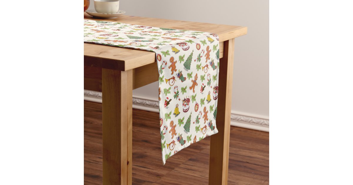 christmas-holly-cake-and-gingerbread-man-short-table-runner-zazzle