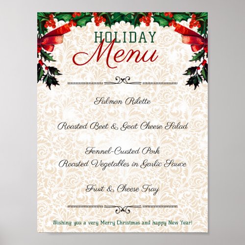 Christmas holly chef catering dinner party menu poster