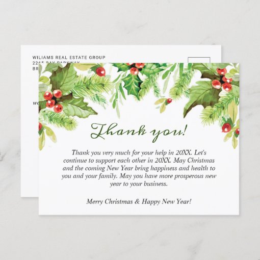 Christmas Holly Corporate Holiday Thank You Card | Zazzle