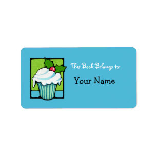 Christmas Holly Cupcake blue Bookplate Label