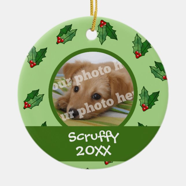 Christmas Holly Custom Photo Dog Cat Pet Ornament (Front)