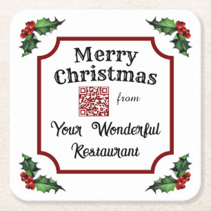 Christmas Holly Custom QR Code Restaurant Square Paper Coaster