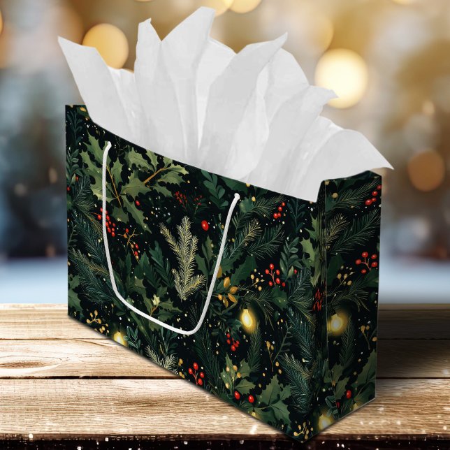 Christmas Holly Dark Winter Holiday Foliage Large Gift Bag (Creator Uploaded)