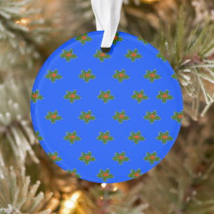Christmas Holly decorative pattern on blue Ornament