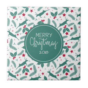 Christmas holly & deer Merry Christmas Typography Ceramic Tile