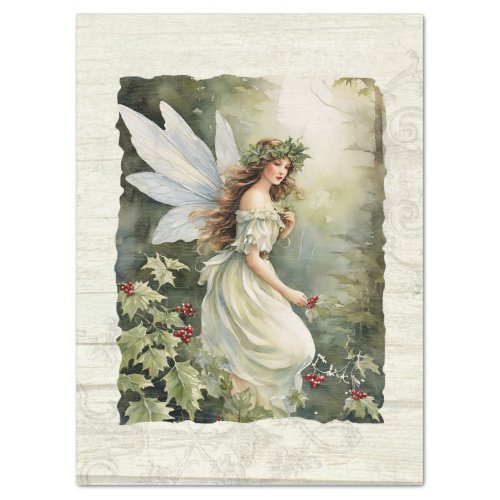 Christmas Holly Fairy Pine Forest Rustic Barn Wood Tissue Paper