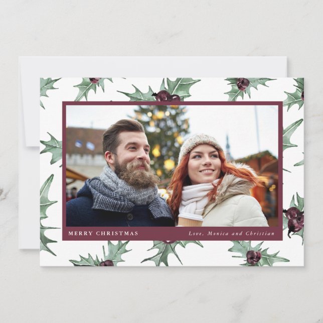 Christmas Holly Family Photo Holiday Card (Front)