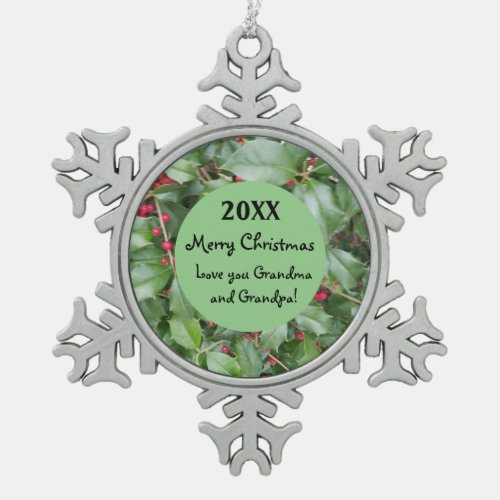 Christmas Holly Family Snowflake Pewter Christmas Ornament