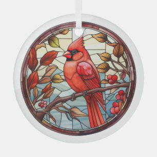 Christmas Holly Faux Stain Glass Red Cardinal Bird Ornament
