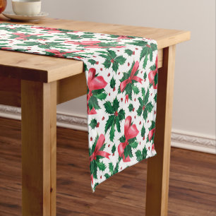 Christmas Holly Festive Floral Red Green Pattern Short Table Runner
