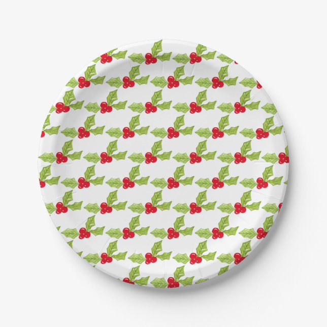 Christmas Holly Festive Greenery Red Berries  Paper Plates (Front)