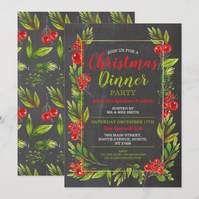 Christmas Holly Festive Party Leaves Invitation (Front/Back)