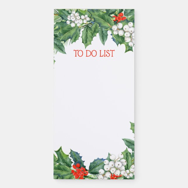 Christmas Holly Floral Modern Watercolor Magnetic Notepad (Front)