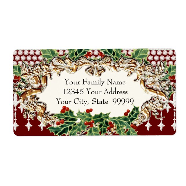 Christmas Holly Foliage Red Gold Ribbon Lace Label (Front)