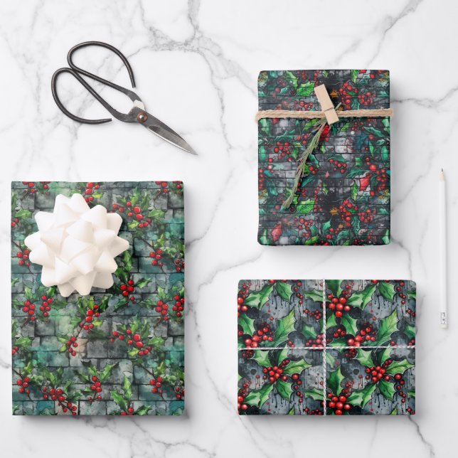 Christmas Holly Graffiti Wrapping Paper Sheets (Front)