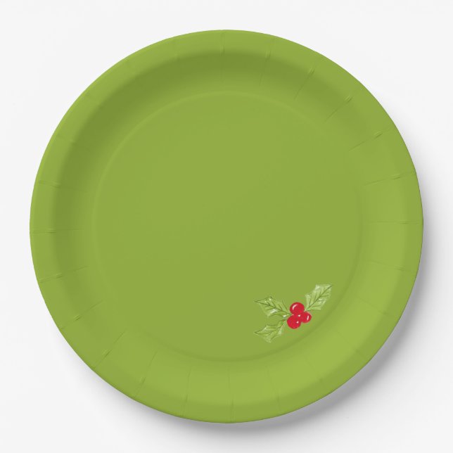 Christmas Holly Green Festive Holiday Fun Paper Plates (Front)