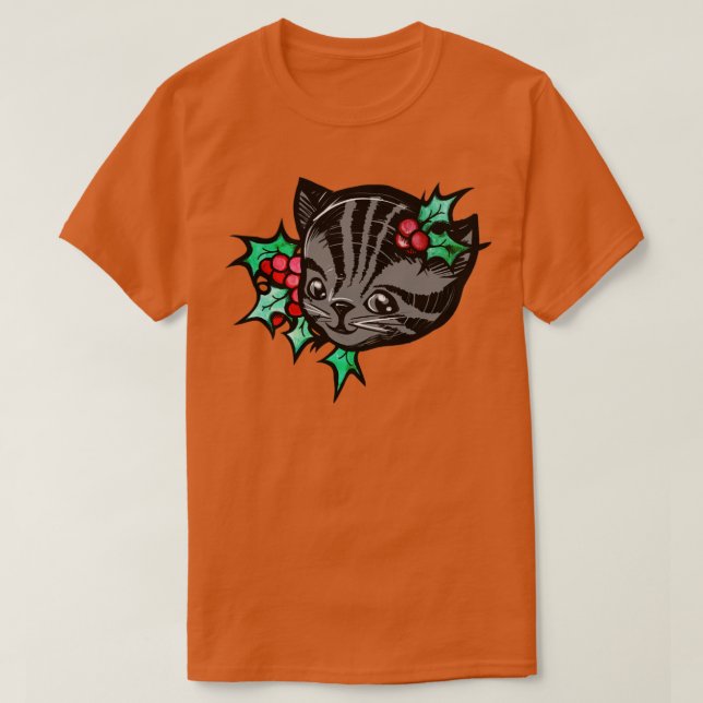 Christmas Holly Grey Tiger Stripe Tabby Cat T-Shirt (Design Front)