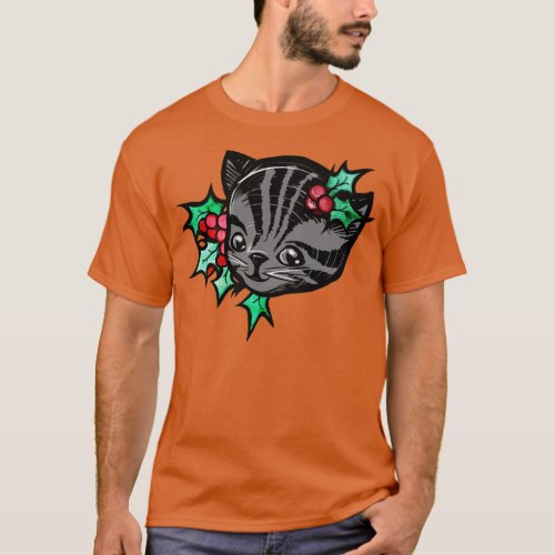 Christmas Holly Grey Tiger Stripe Tabby Cat T_Shirt