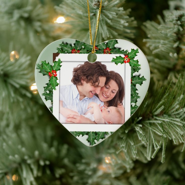 Christmas Holly Heart Shaped Family Photo Ornament 