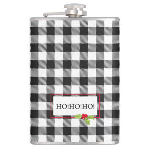 Christmas Holly Ho Ho Ho Buffalo Plaid Fun Flask
