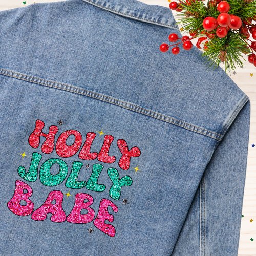 Christmas Holly Jolly Babe Modern Glitter Script Denim Jacket