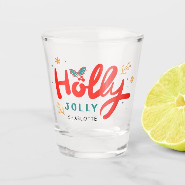 Christmas Holly Jolly Fun Winter Personalized Name Shot Glass (Front)