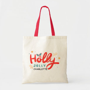 Christmas Holly Jolly Fun Winter Personalized Name Tote Bag