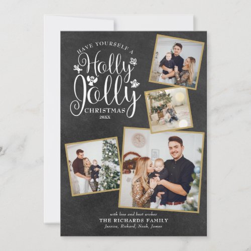 Christmas Holly Jolly Photo Collage Chalkboard Holiday Card