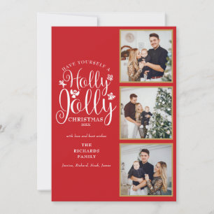 Christmas Holly Jolly Script 3 Photo Collage Holiday Card