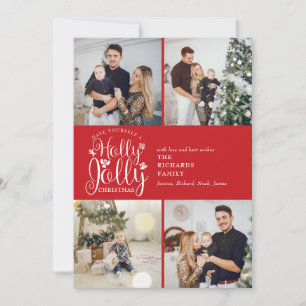 Christmas Holly Jolly Script 4 Photo Collage Holiday Card