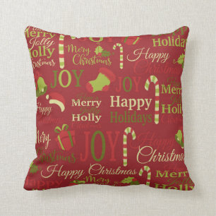Christmas holly joy merry pattern throw pillow